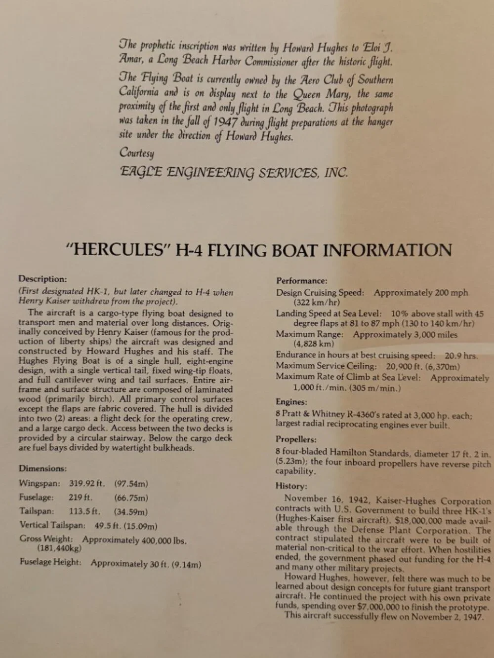 VTG Hercules H-4 Flying Boat Information Howard Hughes  B/W photo poster